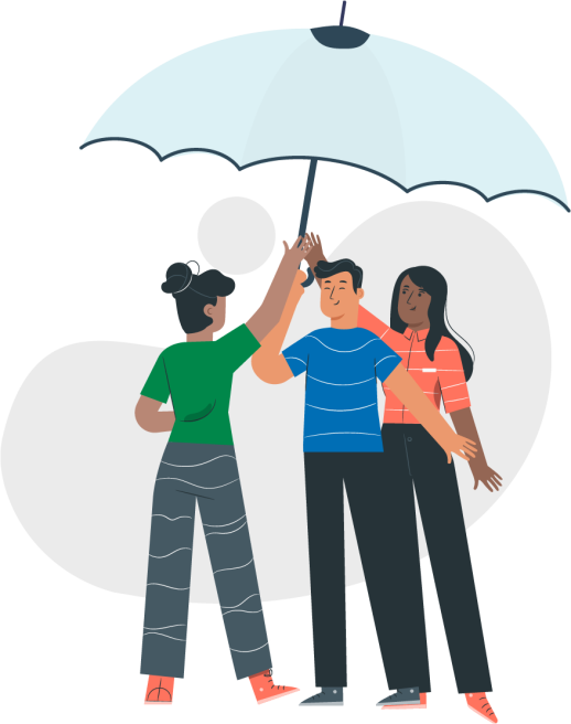 Illustratie van 3 mensen die samen een paraplu omhoog houden